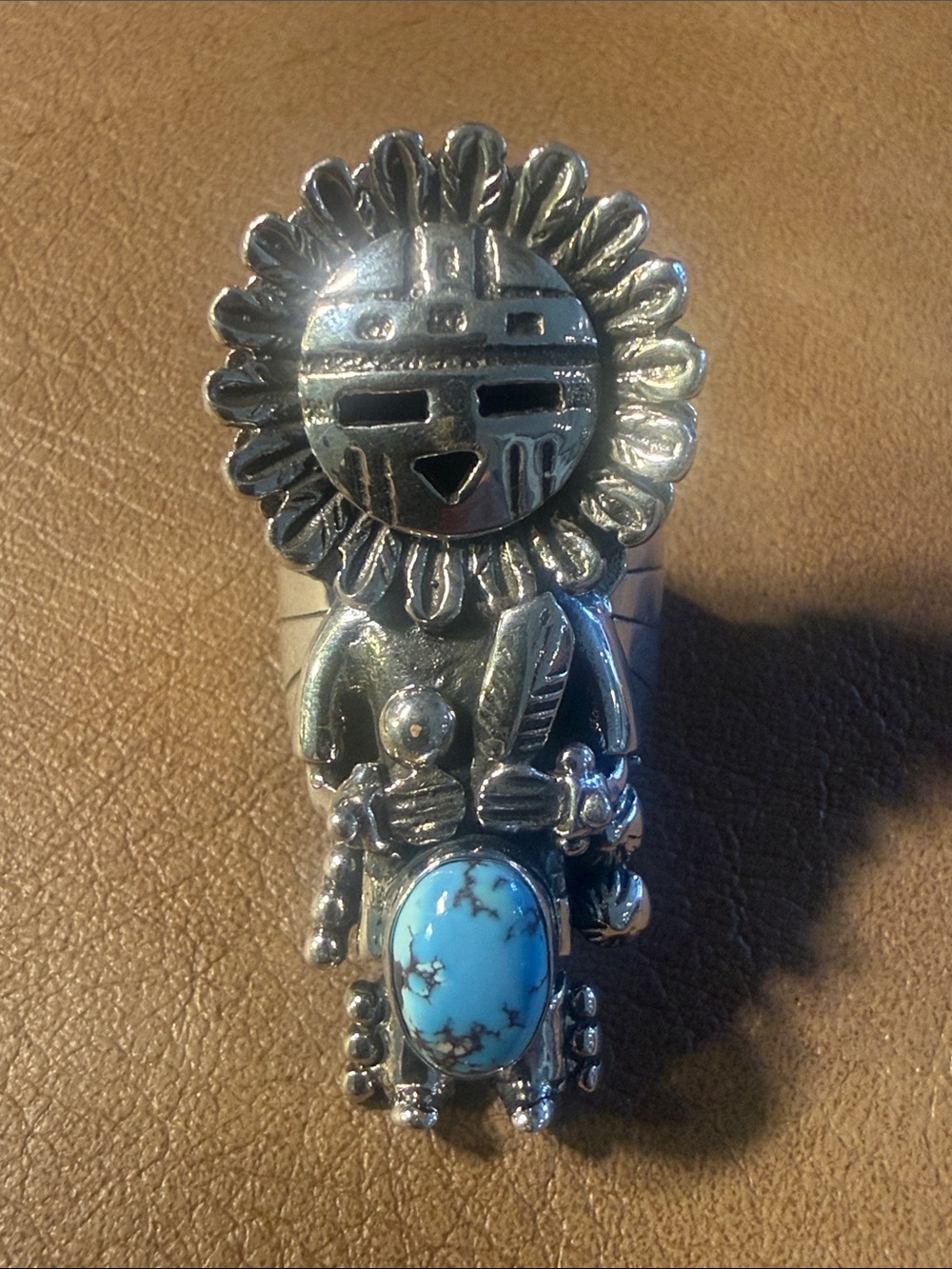 Inspired Sunface Kachina Ring with Turquoise Stone  Sterling Silver